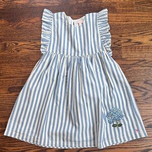Pink Chicken Striped Blue & White Flutter-Sleeve Kids Dress w/ Floral Appliqué